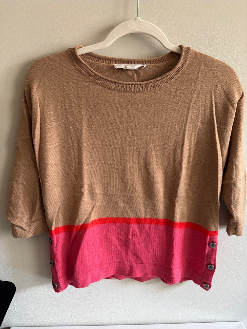 LOFT Brown and Pink Colorblock Crewneck Sweater